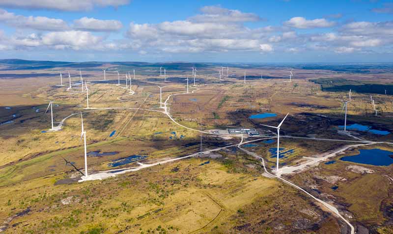 Aerial view of wind turbines across the Irish landscape